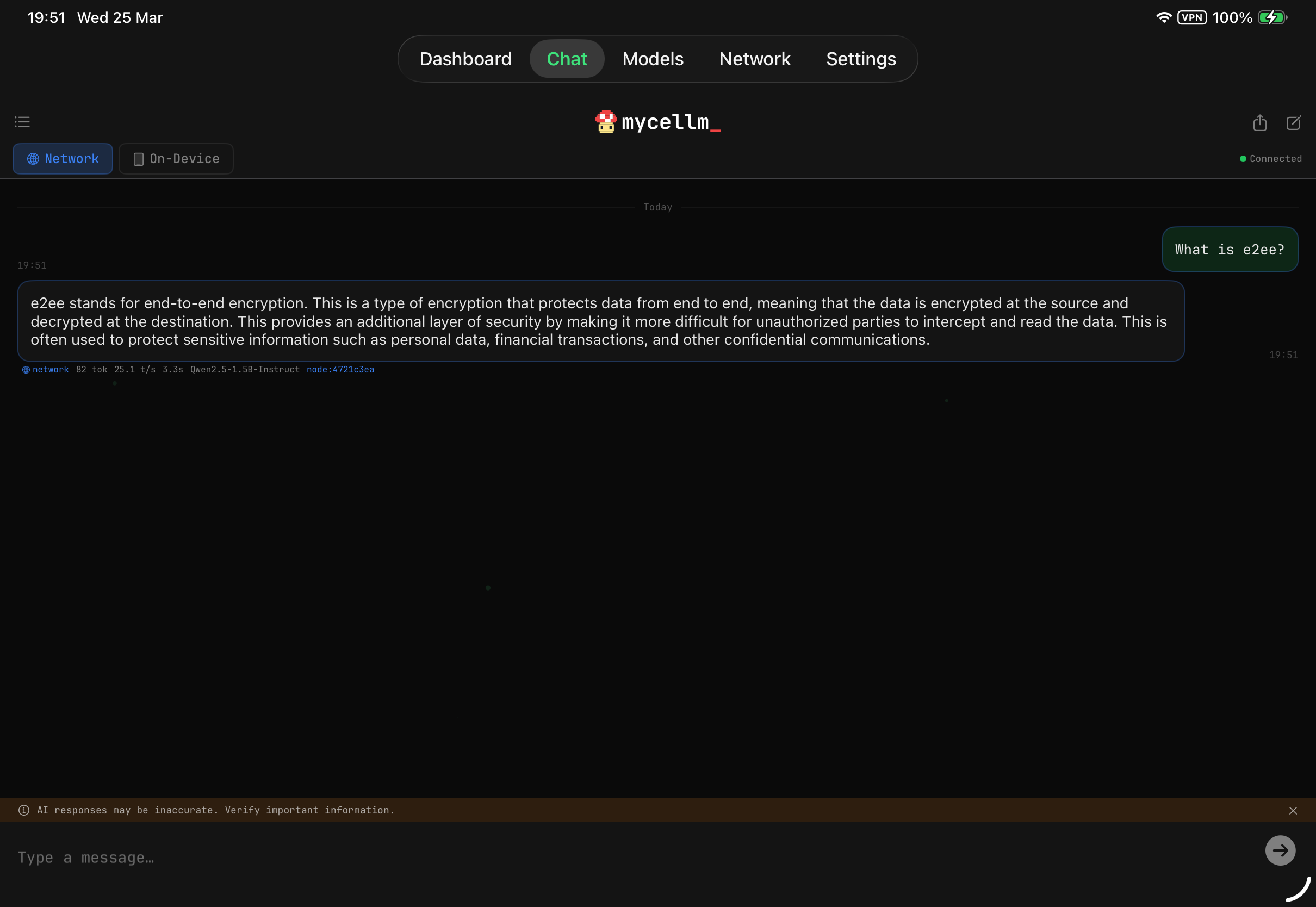 mycellm on iPad — network chat with node attribution